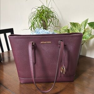 Michael Kors Burgundy Saffiano Leather Tote with Gold Hardware
